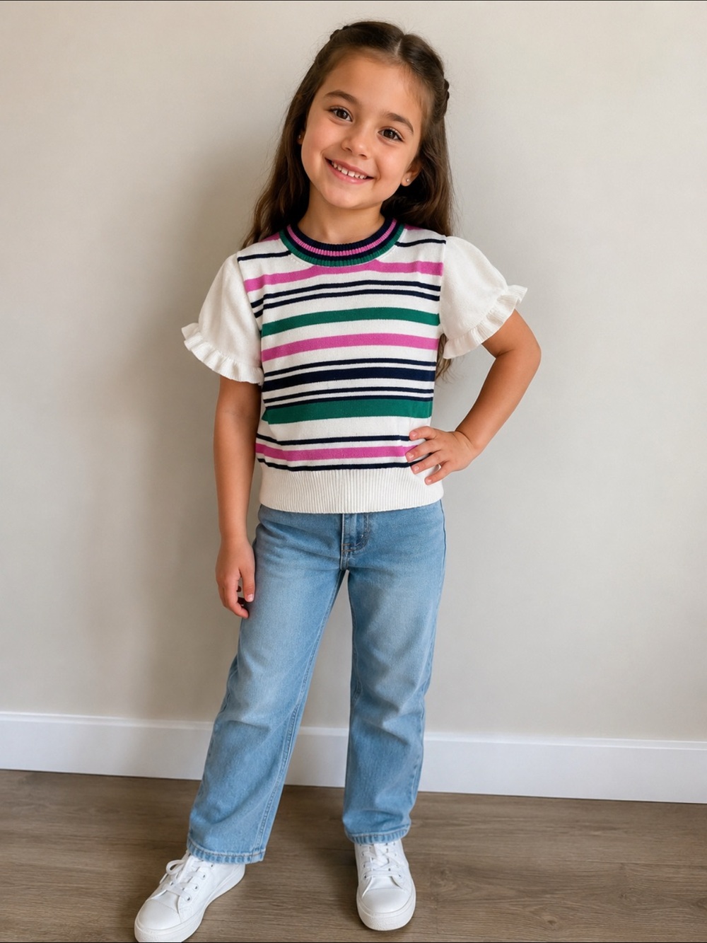 Girls' Striped Knit Top with Ruffle Sleeves - White, Pink & Green